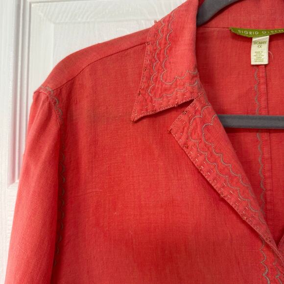 Sigrid Olsen Women's100%Linen Orange Embroidered Beaded Long Sleeve Top 1X - Picture 6 of 16